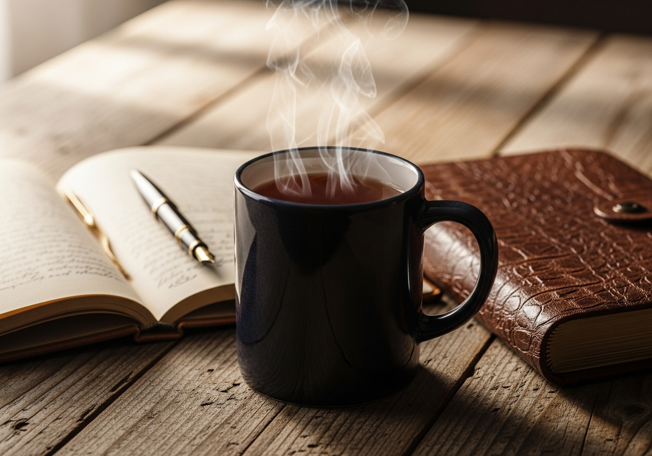 A steaming mug of tea sitting on a wooden desk, next to a vintage-looking notebook and a pen. The scene feels calm and analogue.