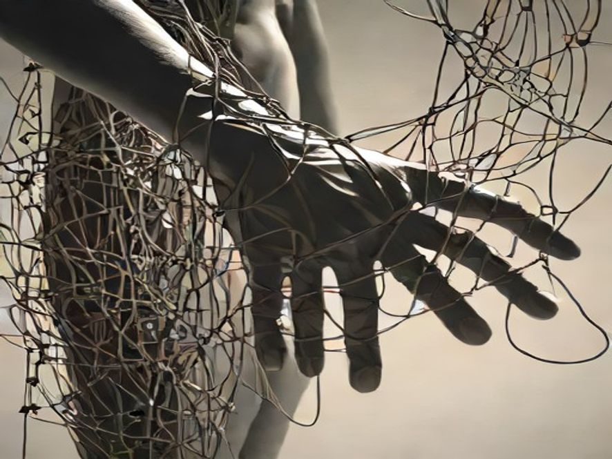 A shadowy figure with multiple hands pulling strings attached to small, puppet-like world leaders and nation-state symbols, illuminated by the glow of computer screens and data streams.