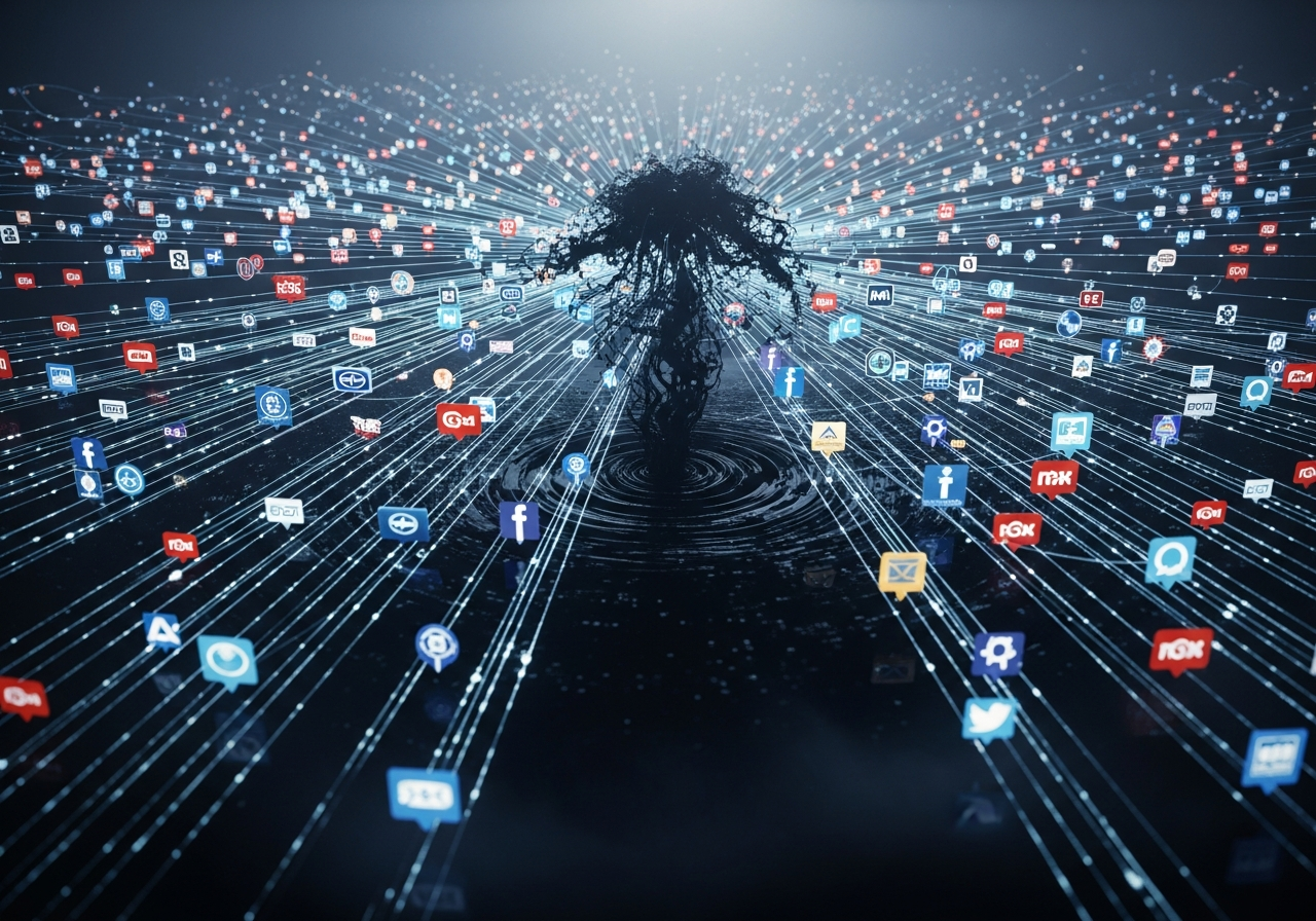 A vast, complex digital network map showing connections between corporate logos, political figures, and social media icons, all converging towards a dark, central, unidentifiable entity.