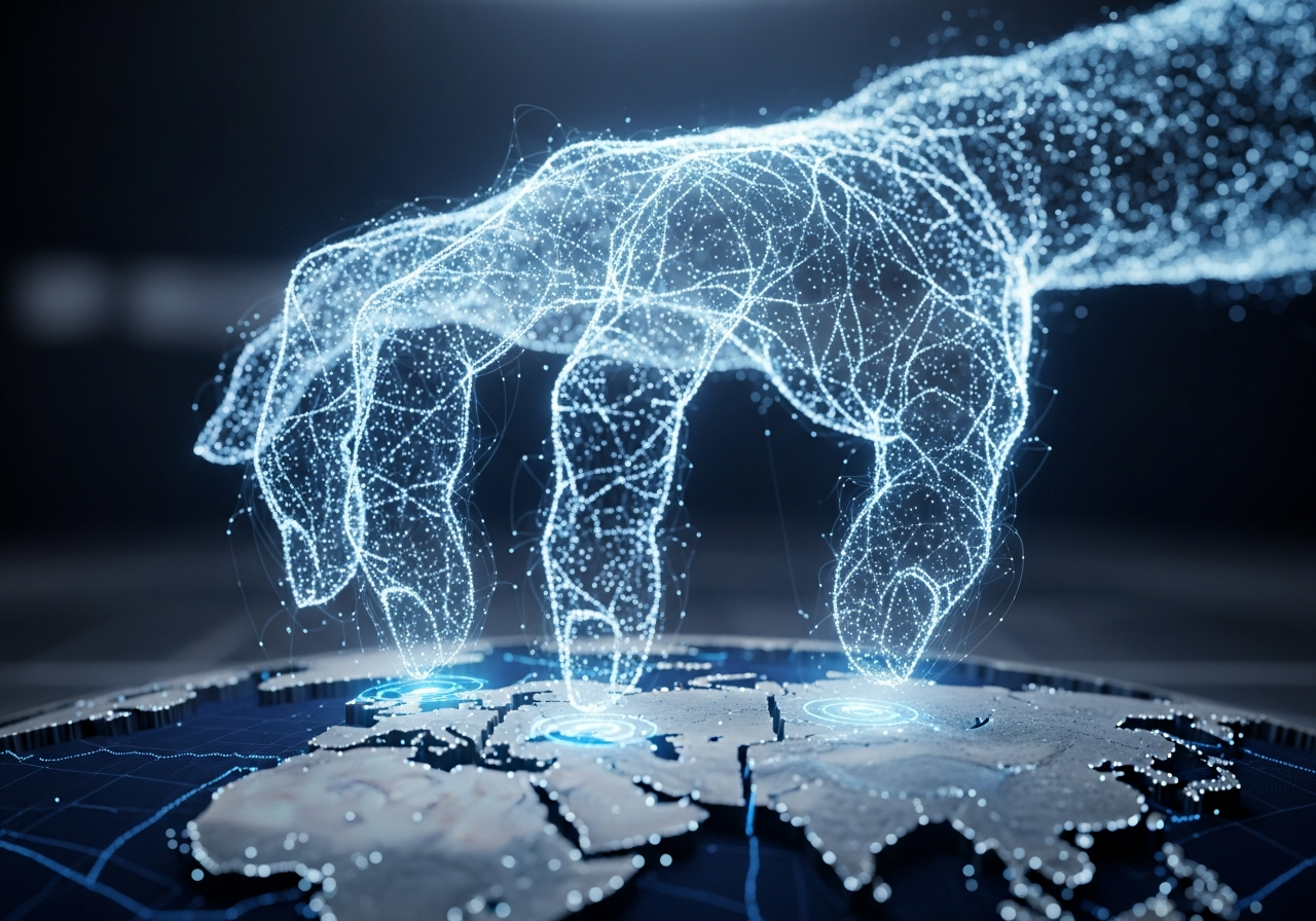 A giant, disembodied hand made of glowing data points hovering over a miniature model of the world, subtly shifting its pieces like a chessboard.
