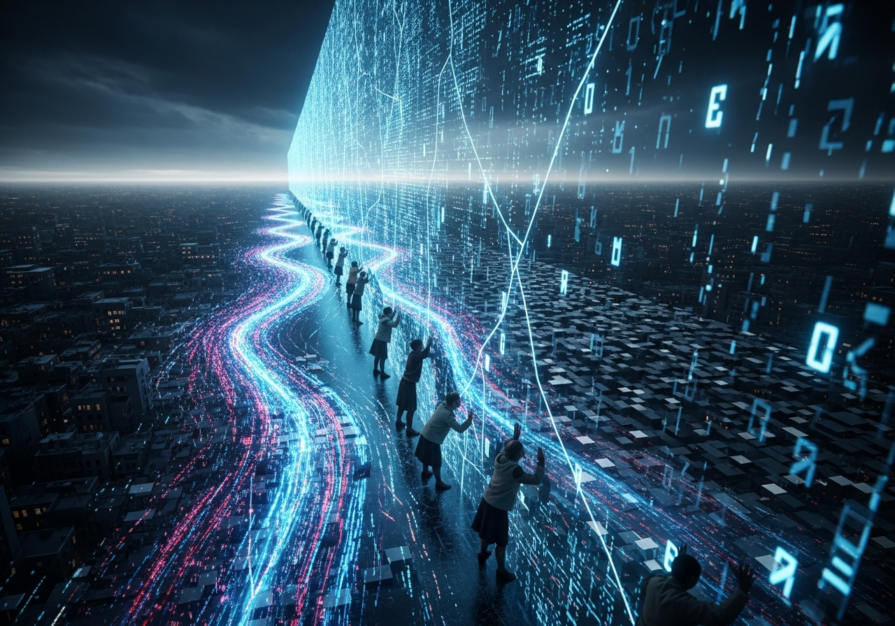 A dystopian cityscape where digital walls made of glowing code divide different sections, with people attempting to peek through cracks. On one side, vibrant, free-flowing data streams, on the other, blocked, static information.