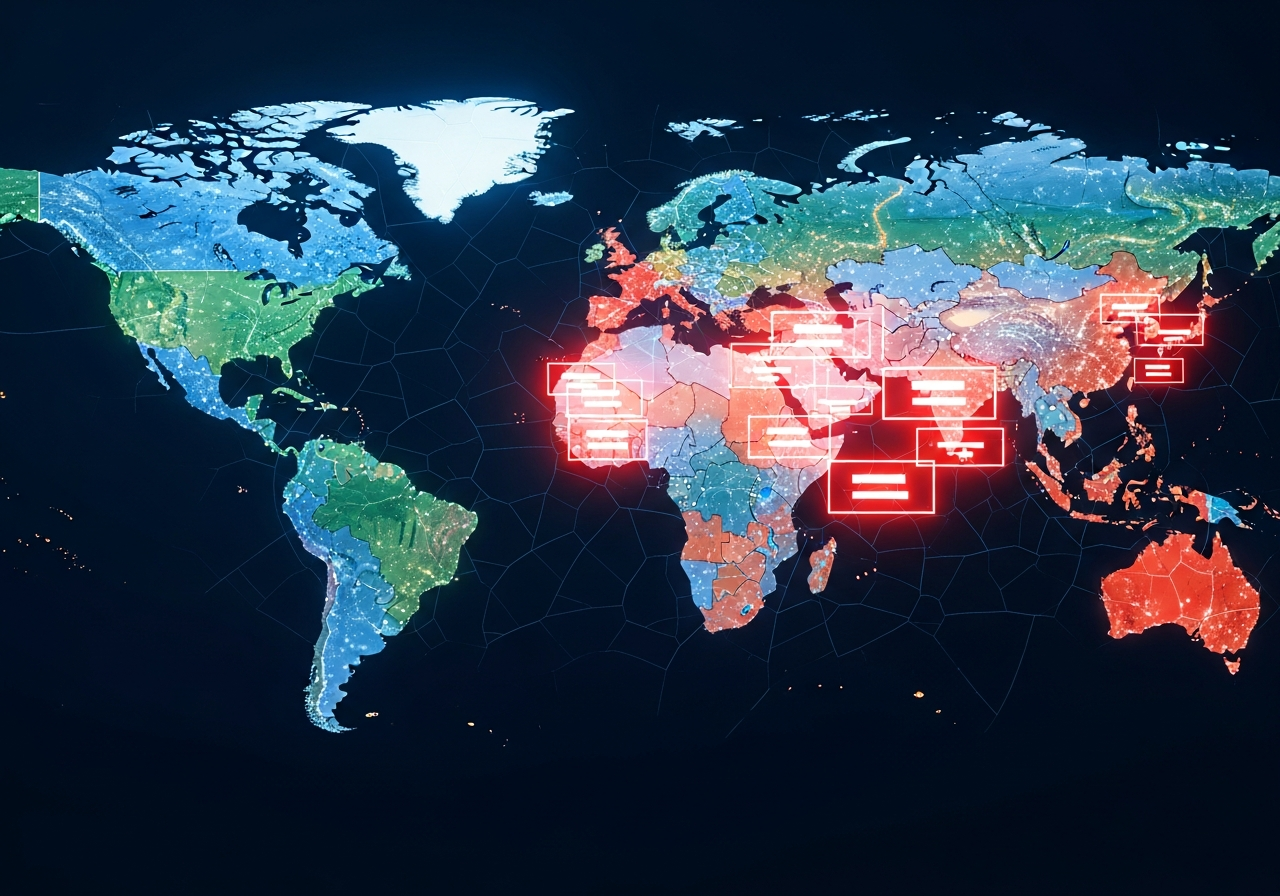 A global map displayed on a fractured, glowing digital screen, with different regions highlighted in distinct colors, signifying data sovereignty or internet segmentation, with some regions showing firewalls and data blockages.