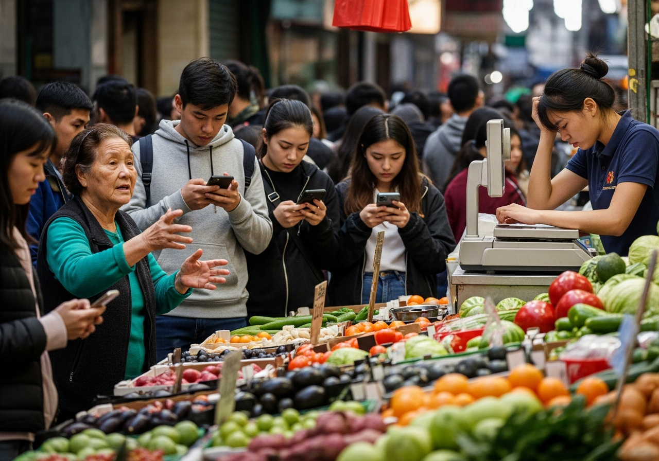 A crowded market street with blurred faces, one older woman gesticulating towards a produce stall, a young cashier looking overwhelmed, and several younger people engrossed in their phones, all bathed in a slightly harsh, artificial light.
