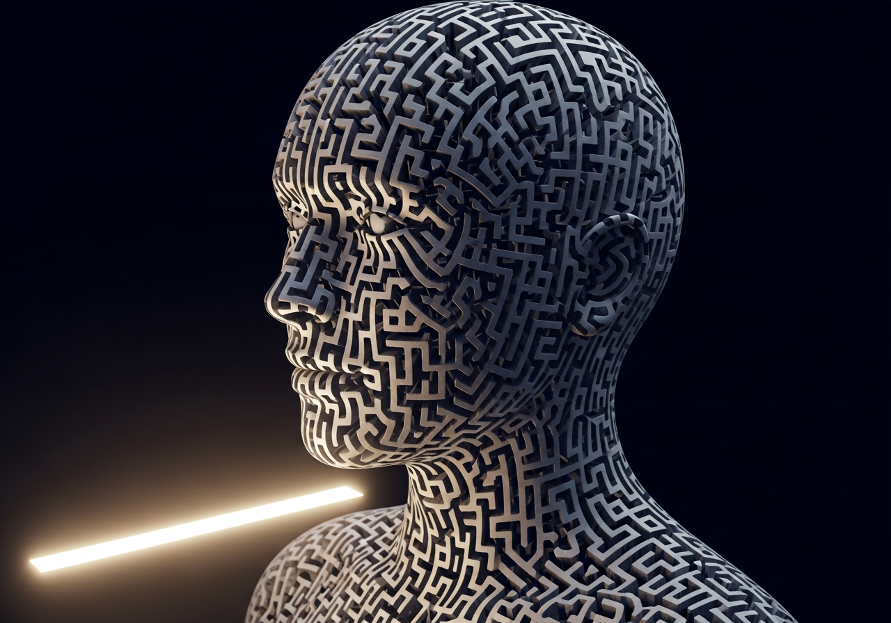 A person's head depicted as a complex, tangled labyrinth with various paths and dead ends, while a simple, straight, but misleading path glows brightly in the foreground, tempting the viewer.