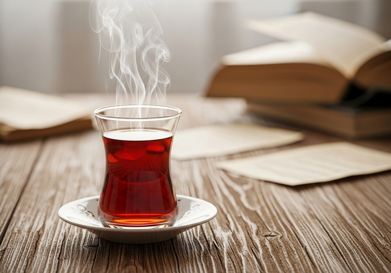 A close-up of a steaming cup of Turkish tea on a weathered wooden table, with blurry old books and notes scattered around in the background, suggesting a moment of quiet contemplation.