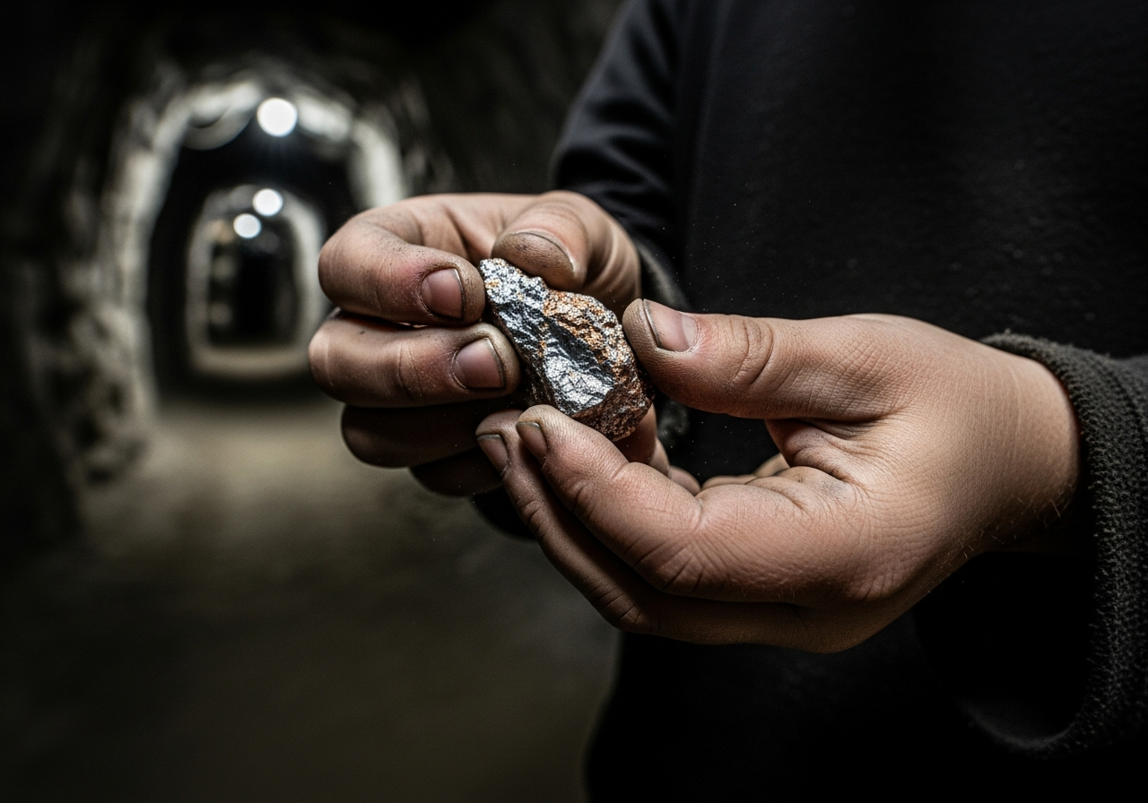 A close-up shot of a child's hands, dirty and calloused, holding a small piece of raw copper ore, with a dusty, dimly lit mine tunnel in the background.