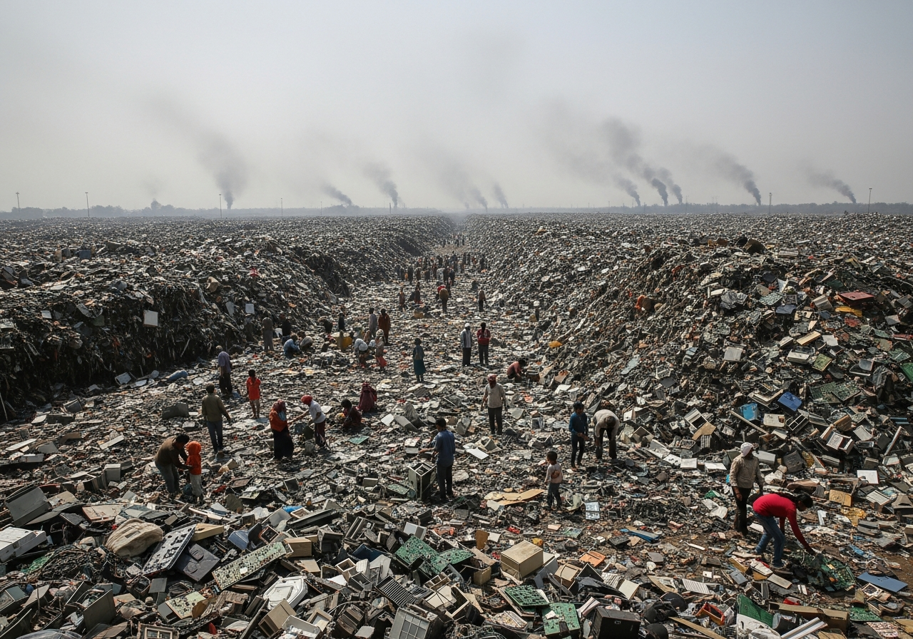 A vast landscape of electronic waste piles stretching to the horizon, with smoke rising in the distance, and tiny figures of scavengers sifting through the debris.