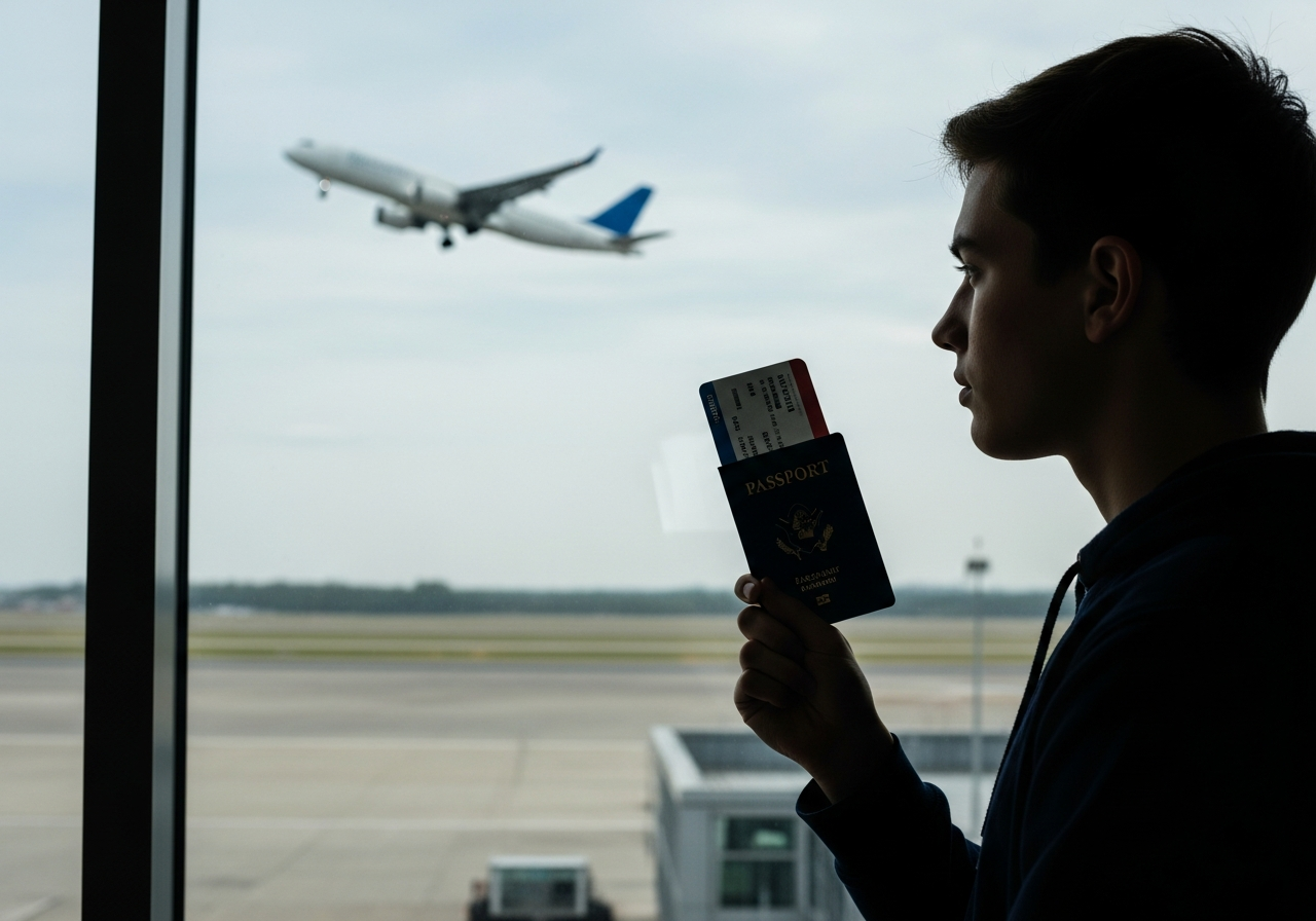 A young person, silhouetted, looking out a large airport window at a plane taking off, with a passport and boarding pass clutched in their hand. The background is slightly blurred to emphasize the departure and introspection.