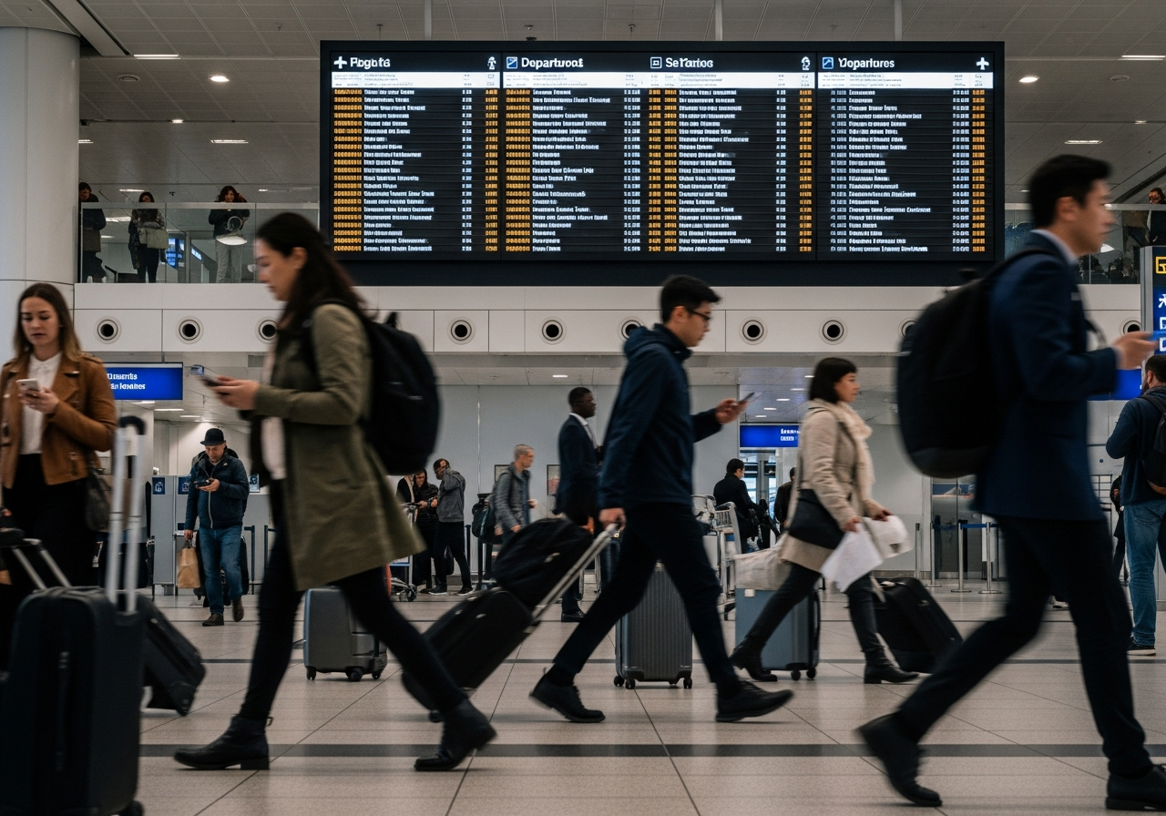 A busy, modern international airport terminal with diverse people rushing through, some with luggage, others on their phones. There's a digital departures board in the background showing various international destinations.
