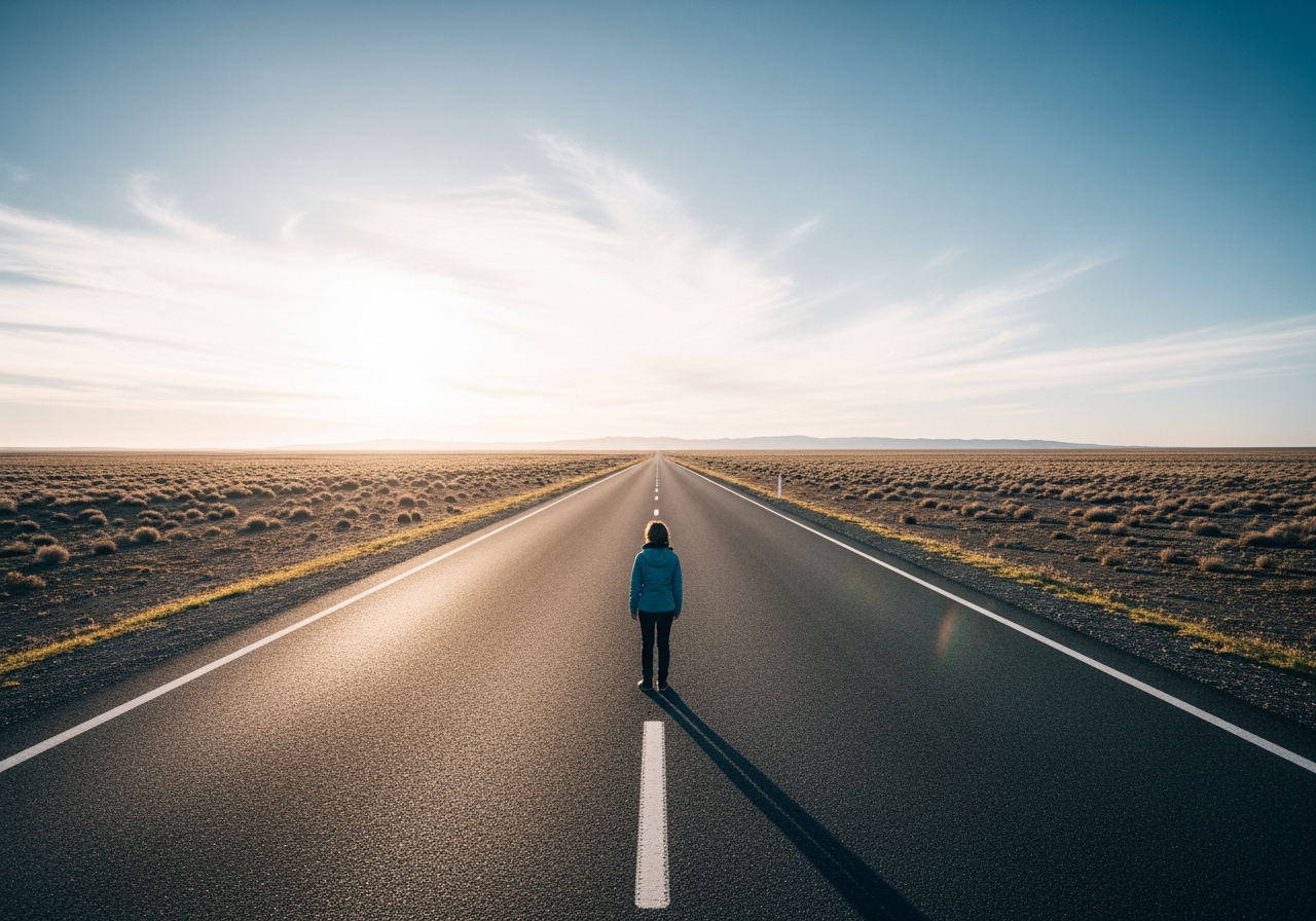A solitary figure standing on a long, empty road stretching towards a distant, bright horizon. The figure is small in the frame, symbolizing a long journey and an uncertain but hopeful future.