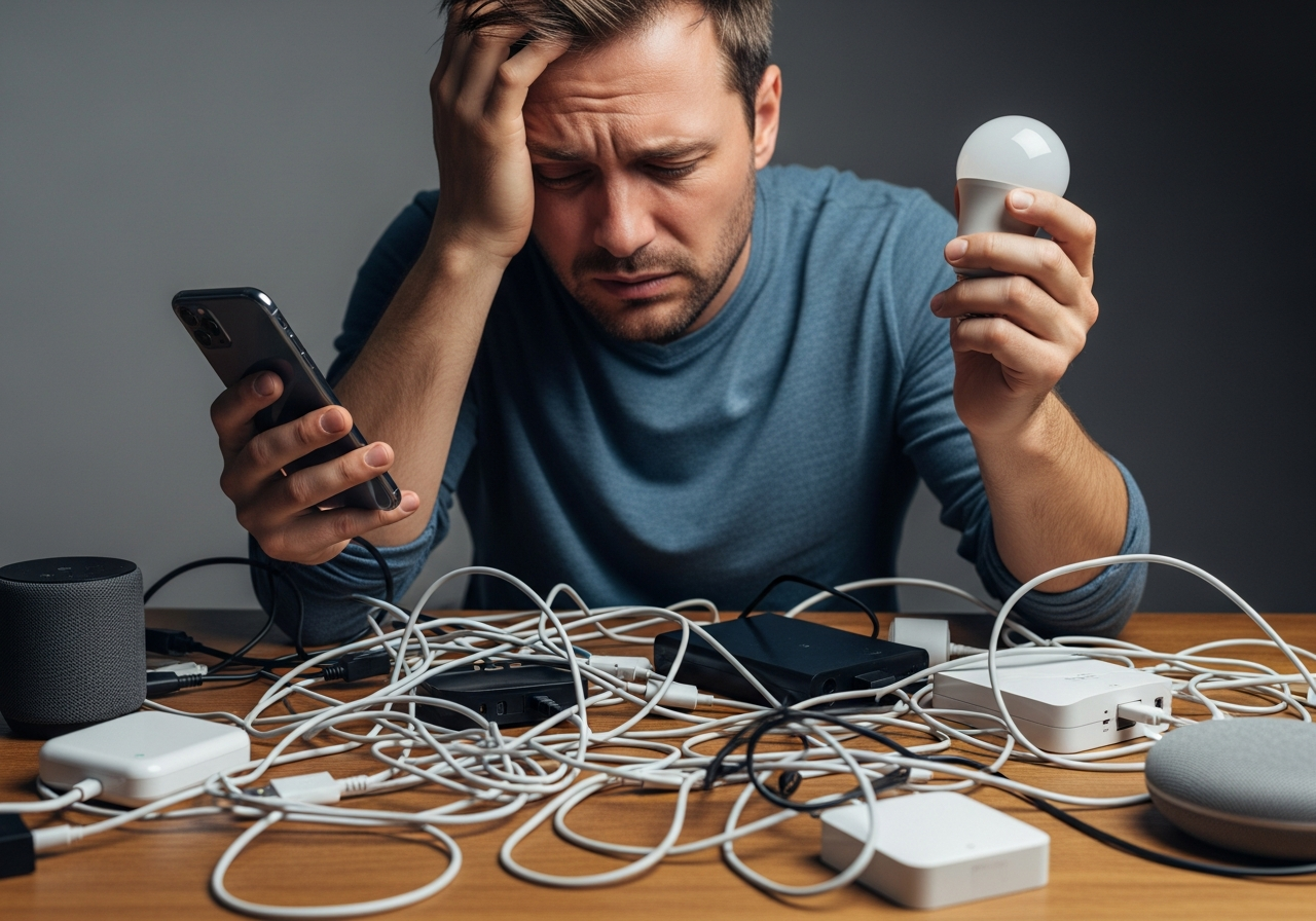 A frustrated man with disheveled hair holding a smartphone in one hand and an unresponsive smart lightbulb in the other, surrounded by a tangle of wires and disconnected devices on a table, looking utterly defeated.