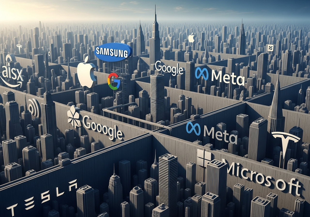 A highly stylized, futuristic cityscape built from various tech company logos (Apple, Samsung, Google, Amazon etc.), each section a distinct, walled-off district with limited bridges or connections between them, creating a sense of digital segregation.