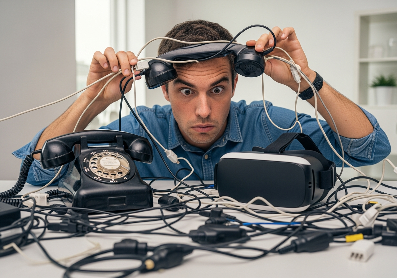 A bewildered individual trying to connect two vastly different electronic devices (e.g., an antique rotary phone with a modern VR headset) using a complicated array of incompatible cables and adapters, leading to a humorous, tangled mess.