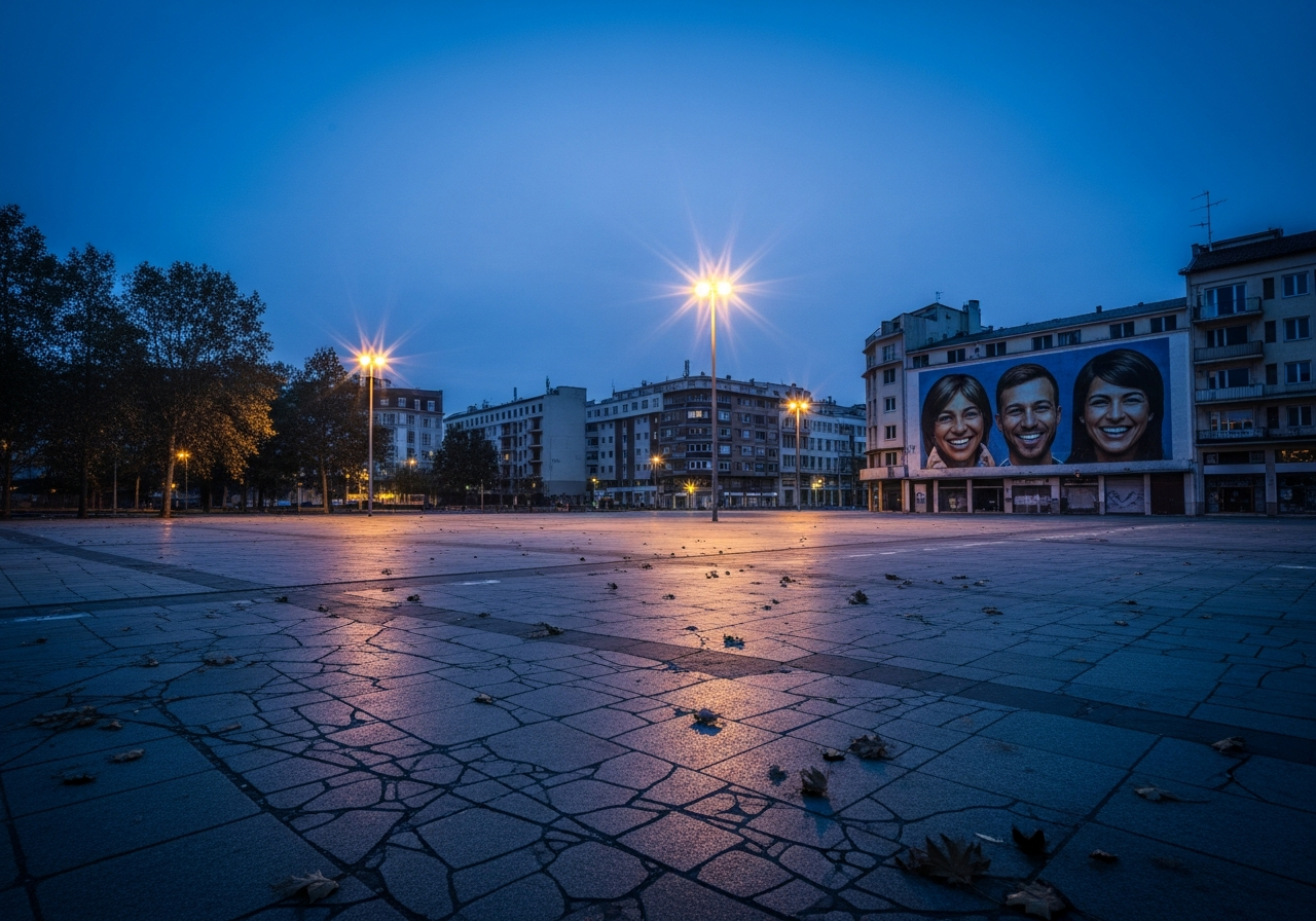 A desolate city square at dusk, with flickering streetlights casting long shadows. A few scattered leaves blow across the empty pavement, and a faded mural on a distant wall depicts smiling faces that now look eerily out of place.