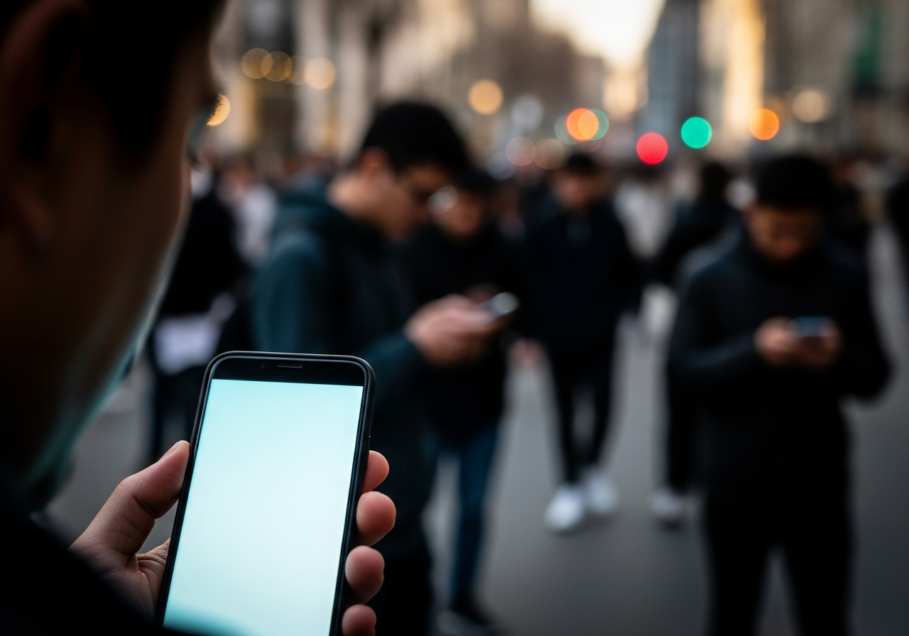 A close-up shot of a hand holding a smartphone, its screen brightly illuminating a face that is otherwise in shadow, walking past a blurry, bustling street scene where other individuals are also looking at their phones.