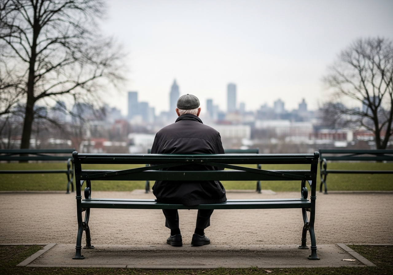 An elderly man sits alone on a park bench, his back to the viewer, looking out at a blurred cityscape. His posture suggests contemplation and a touch of loneliness, emphasizing the theme of abandoned public spaces and solitude.