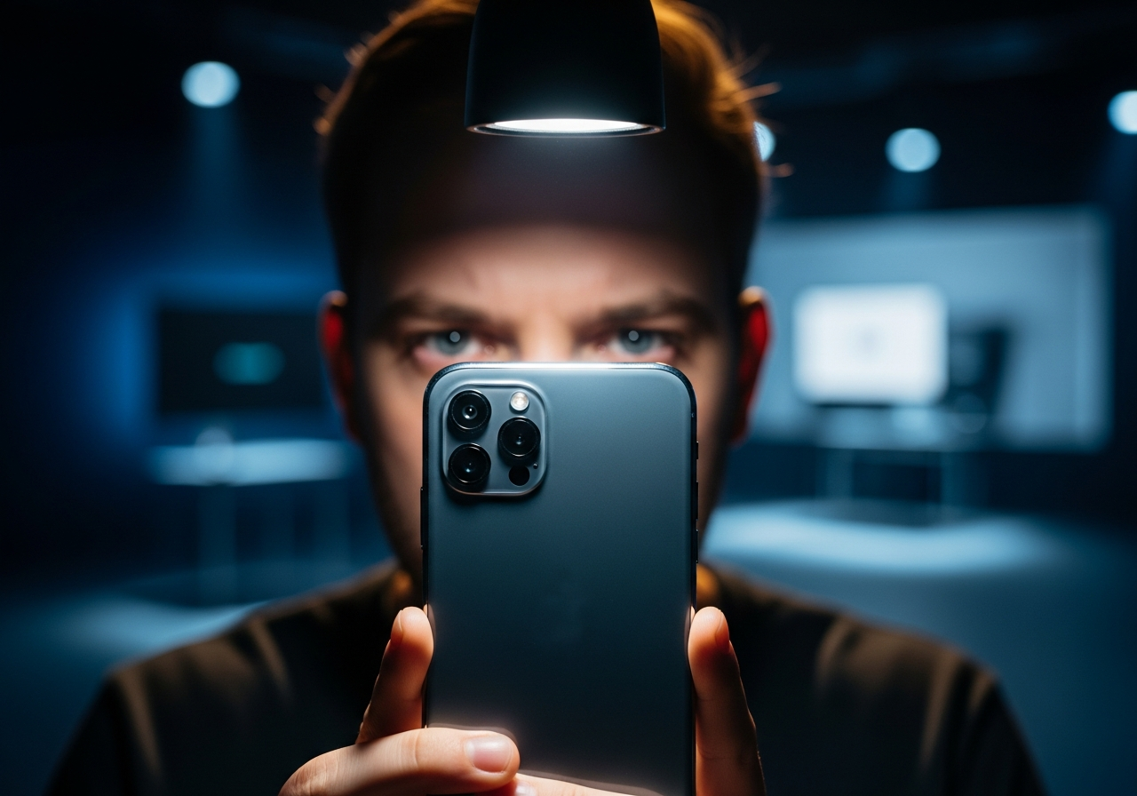 A person's face obscured by a smartphone held up close, with a spotlight shining on the phone. The person has a slightly cynical expression. The background is a blurry tech review set.
