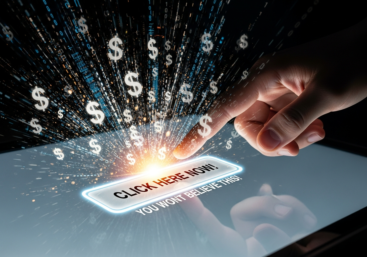 A person's hand reaching for a glowing "clickbait" button on a screen, surrounded by chaotic digital noise and dollar signs. The background is dark and indistinct, suggesting a hidden agenda.