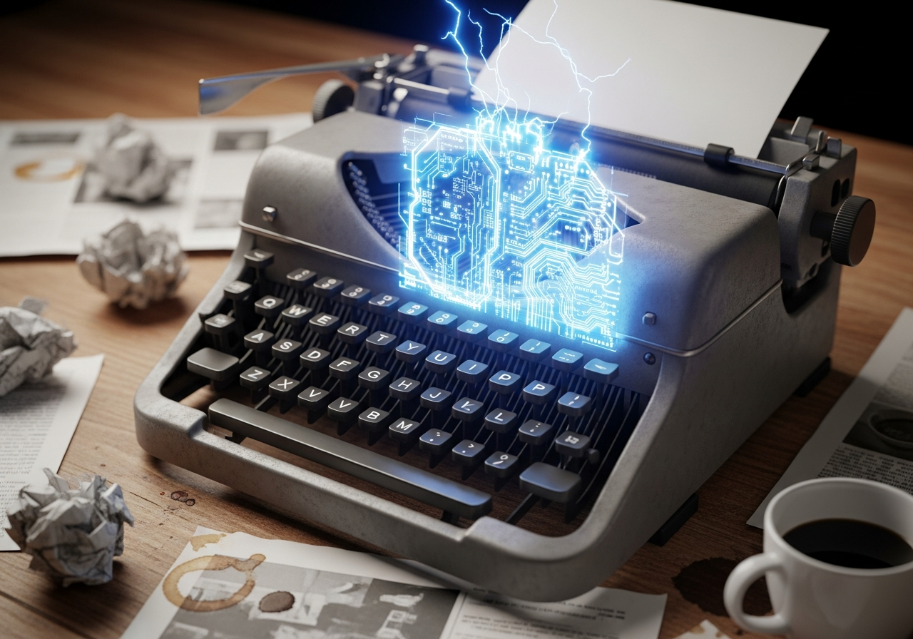 A vintage typewriter with a glowing, futuristic circuit board overlaid on it, symbolizing old-school truth being corrupted by modern tech. The background is a messy desk with crumpled papers and coffee stains.