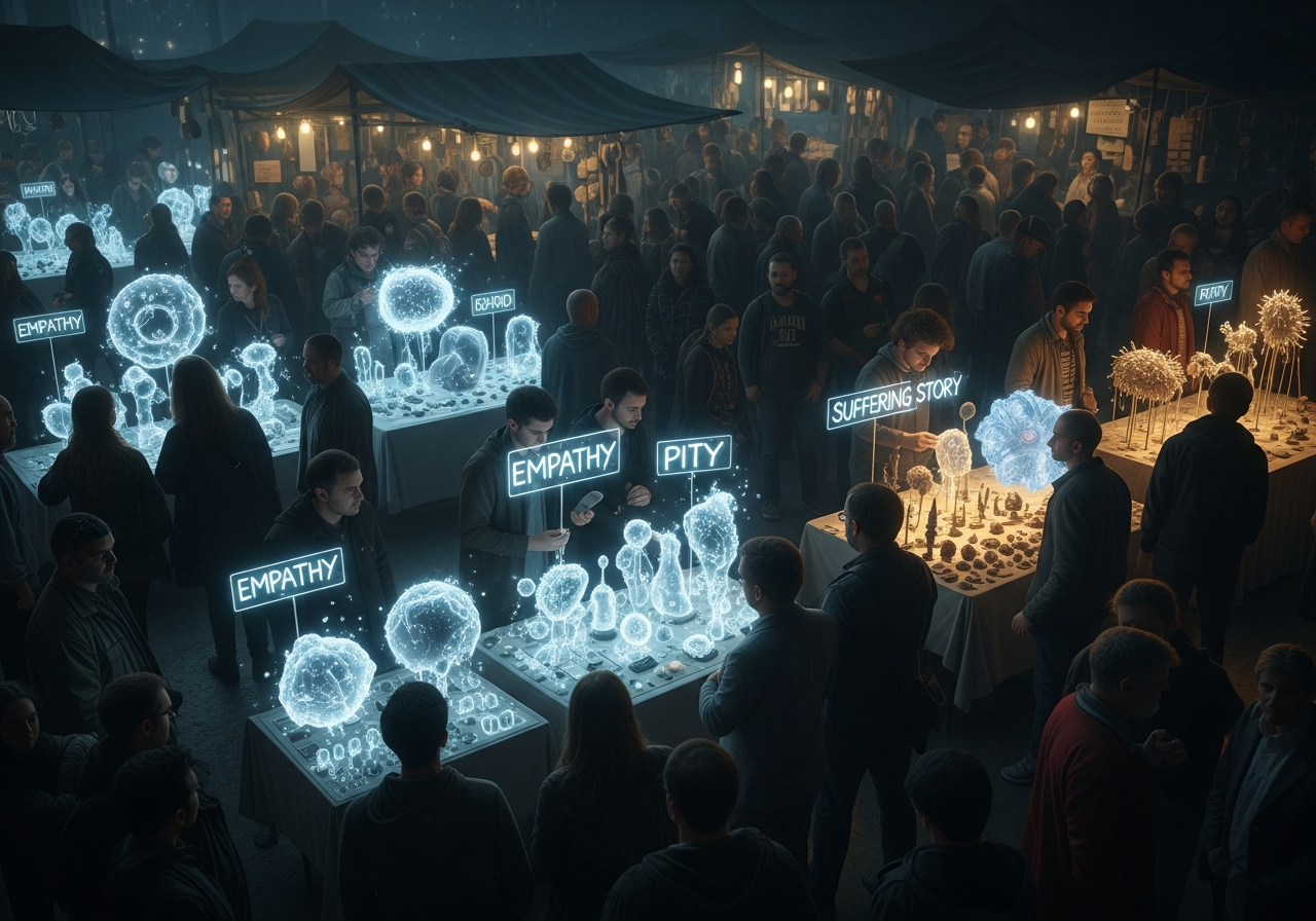 A chaotic, bustling market scene at night, vendors under dim lights selling various strange, abstract items labeled "Empathy," "Pity," "Suffering Story." The faces of the crowd are a mix of desperate, opportunistic, and indifferent.