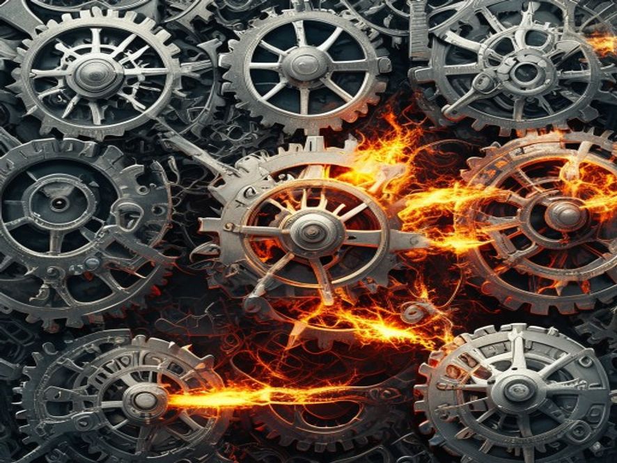 A complex, interlocking gear system, where each gear represents a different nation or group. Instead of meshing smoothly, some gears are grinding against each other, others are stuck, and small, fragile figures are being crushed between them.