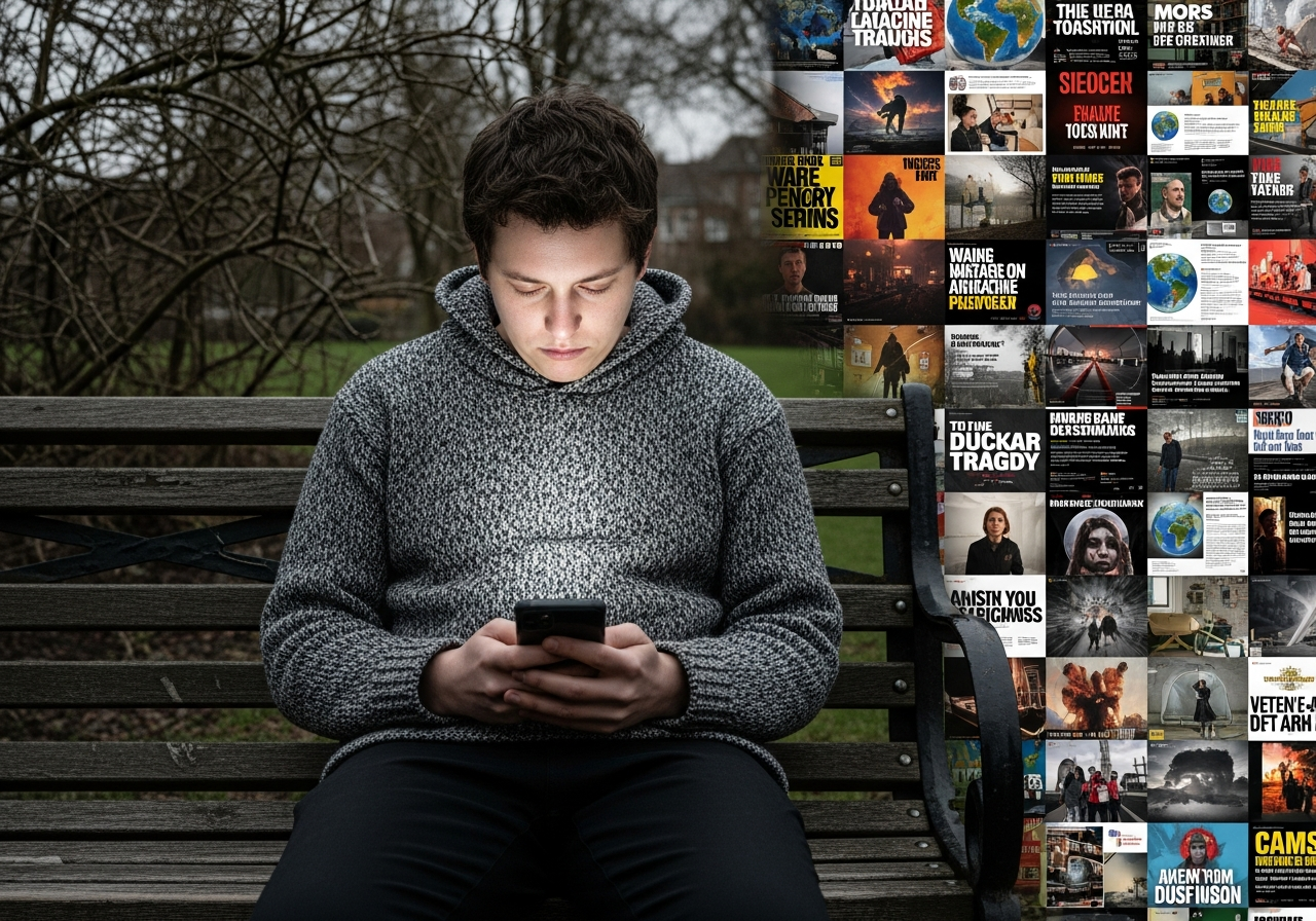 A lonely figure sitting on a park bench, looking at their phone. The phone screen reflects a collage of dramatic headlines and social media posts about various global tragedies, but the figure's face is blank, perhaps overwhelmed or desensitized.