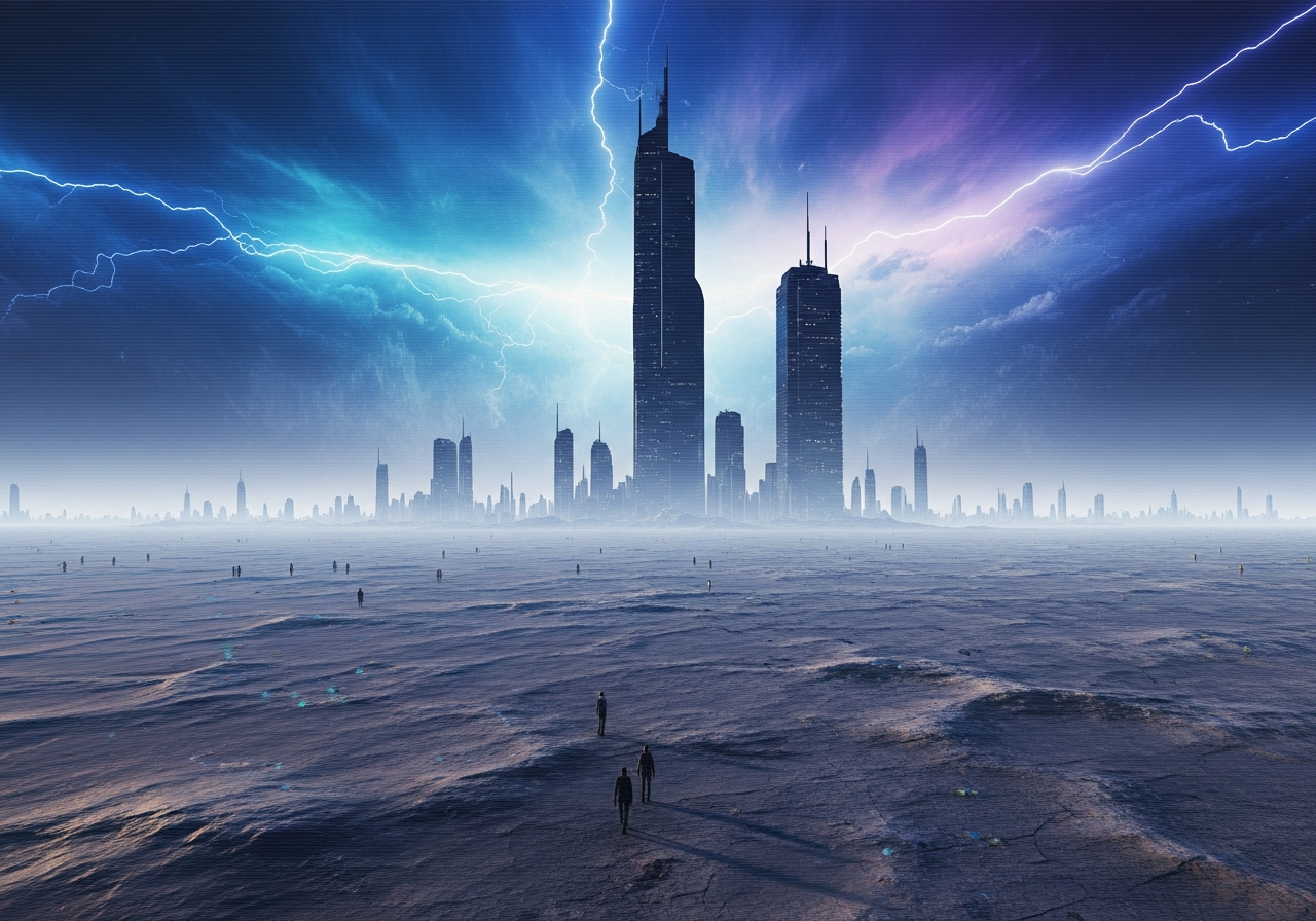 A surreal digital landscape depicting a vast, barren virtual land with isolated, towering futuristic skyscrapers dominating the horizon, while tiny, almost indistinguishable avatar figures wander aimlessly below. The sky is an unsettling blend of electric blues and purples.