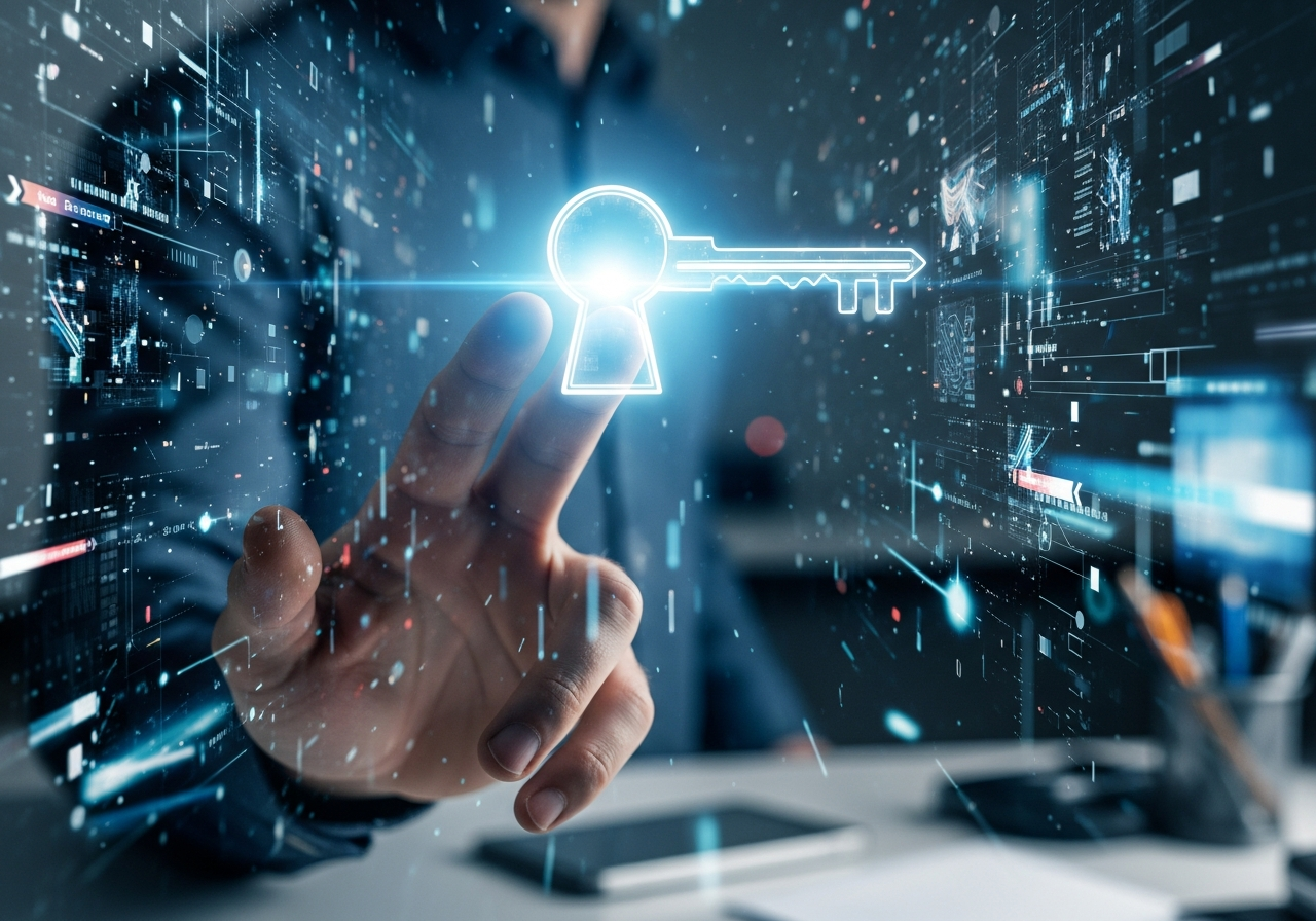 A close-up shot of a human hand, slightly blurry and out of focus, reaching out to touch a shimmering, translucent digital representation of a keyhole floating in mid-air. The background shows a chaotic mix of real-world objects and abstract digital patterns, suggesting a blurred boundary between realities.