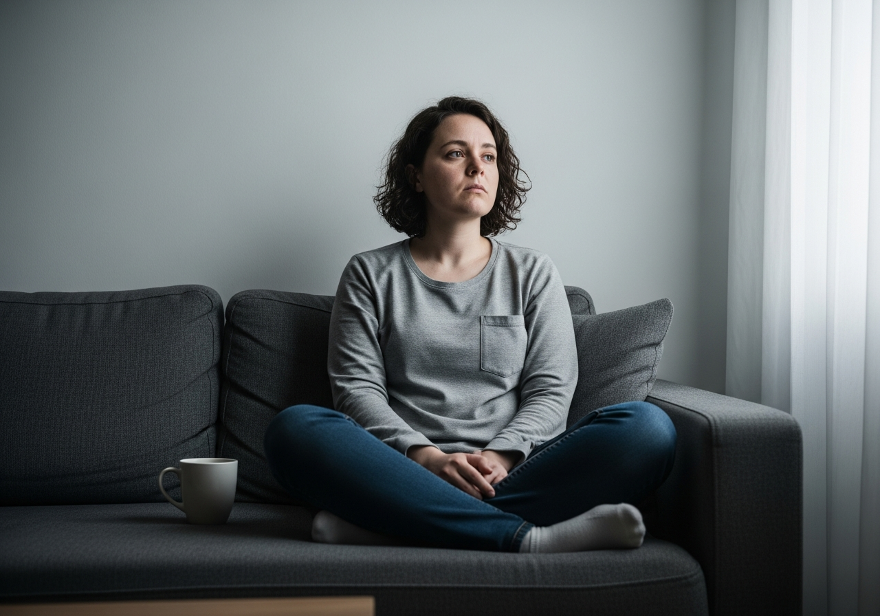 A person sitting cross-legged on a couch, staring blankly at a wall, a half-empty coffee mug beside them, a muted sense of exhaustion and thought in their posture.