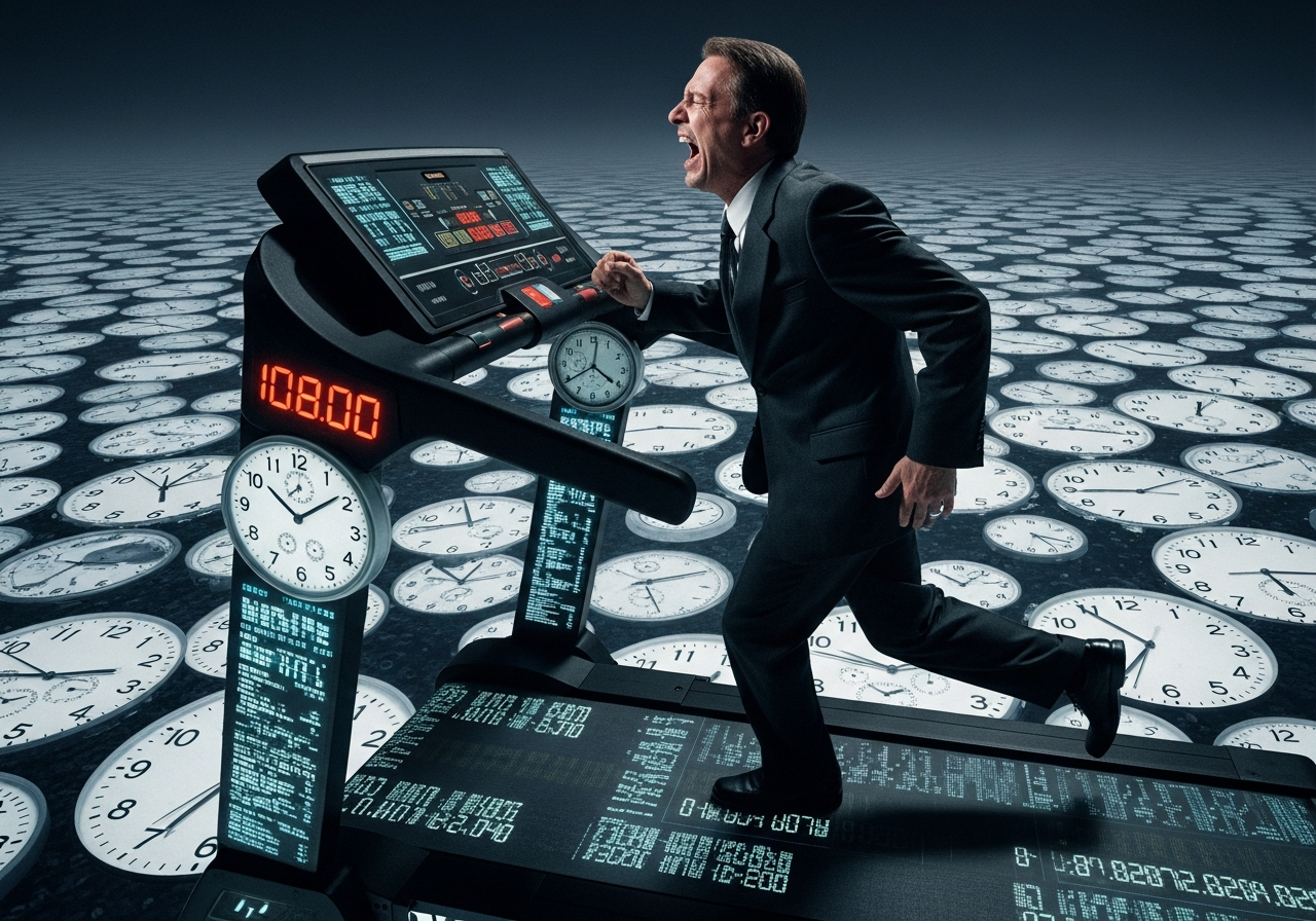 A surreal depiction of a human figure on an endless treadmill, but the treadmill is made of ticking clocks and digital screens, with an exhausted expression on the figure's face, bathed in cold, artificial light.