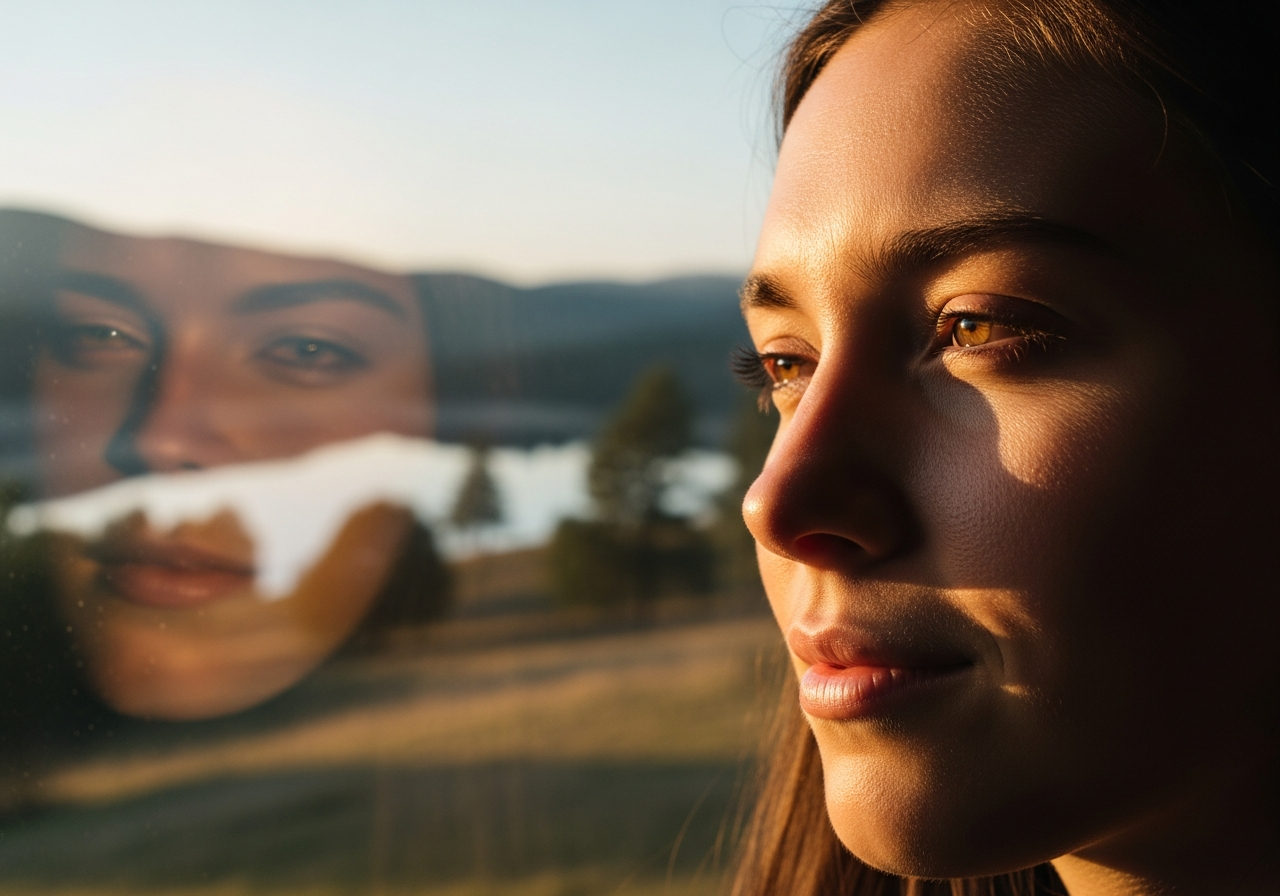 A person looking out of a window at a serene landscape, a soft, warm light illuminating their face, suggesting peace and contemplation, possibly with a slight smile.