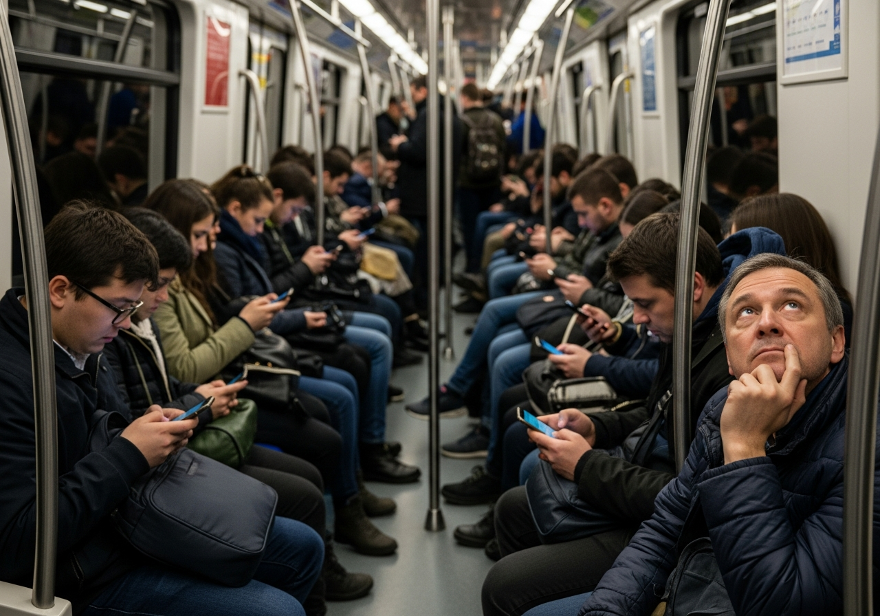 A crowded metro car, everyone engrossed in their smartphones, heads down, with a single person in the foreground looking up and observing them, a thoughtful expression on their face.