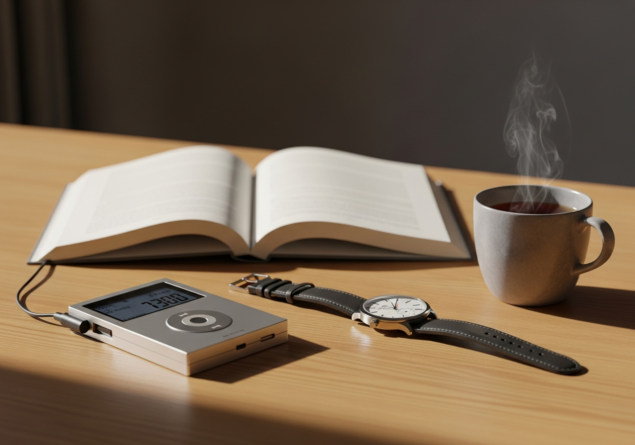 A minimalist desk setup with an old MP3 player, a physical book, a non-smartwatch, and a cup of tea, bathed in soft, natural light, conveying a sense of calm and simplicity.