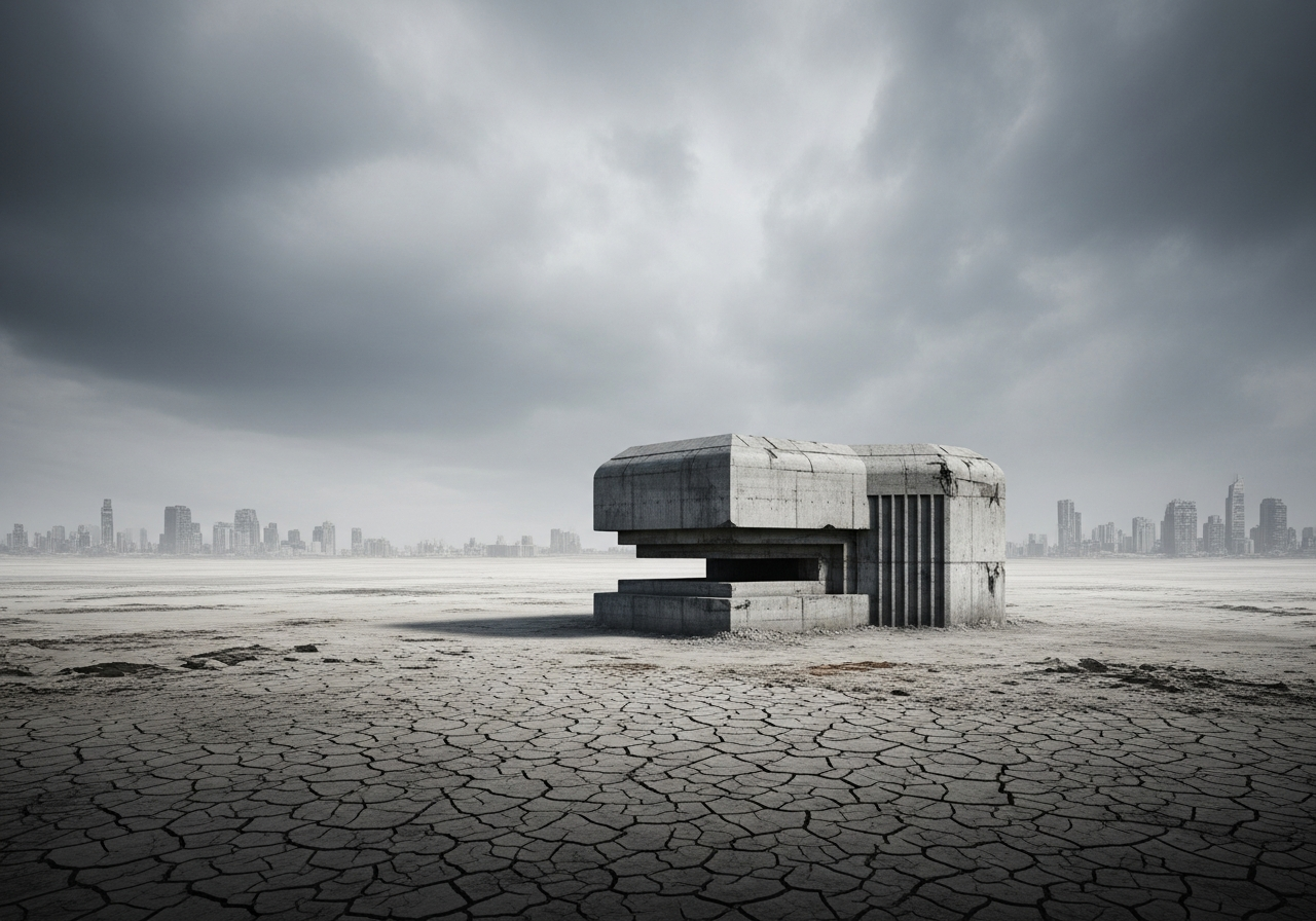 A stark, minimalist illustration of a single concrete bunker isolated in a vast, desolate landscape, perhaps a desert or a post-apocalyptic urban ruin, under a grey, foreboding sky.