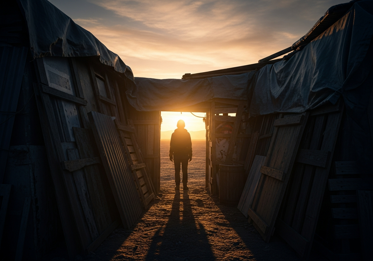 A lone figure, silhouetted against a setting sun, standing at the entrance of a makeshift, slightly ramshackle personal "bunker" built from scavenged materials, looking out at an empty, slightly hazy landscape, conveying a sense of isolation and fragile hope.