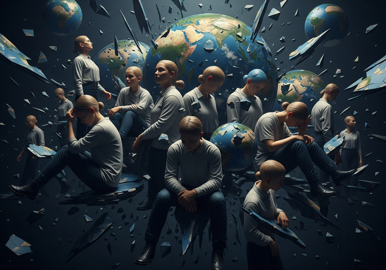 A chaotic, abstract representation of interconnected but fractured human figures, some looking inwards, some outwards, surrounded by fragmented pieces of a globe, symbolizing the breakdown of collective trust and the rise of individual isolation.