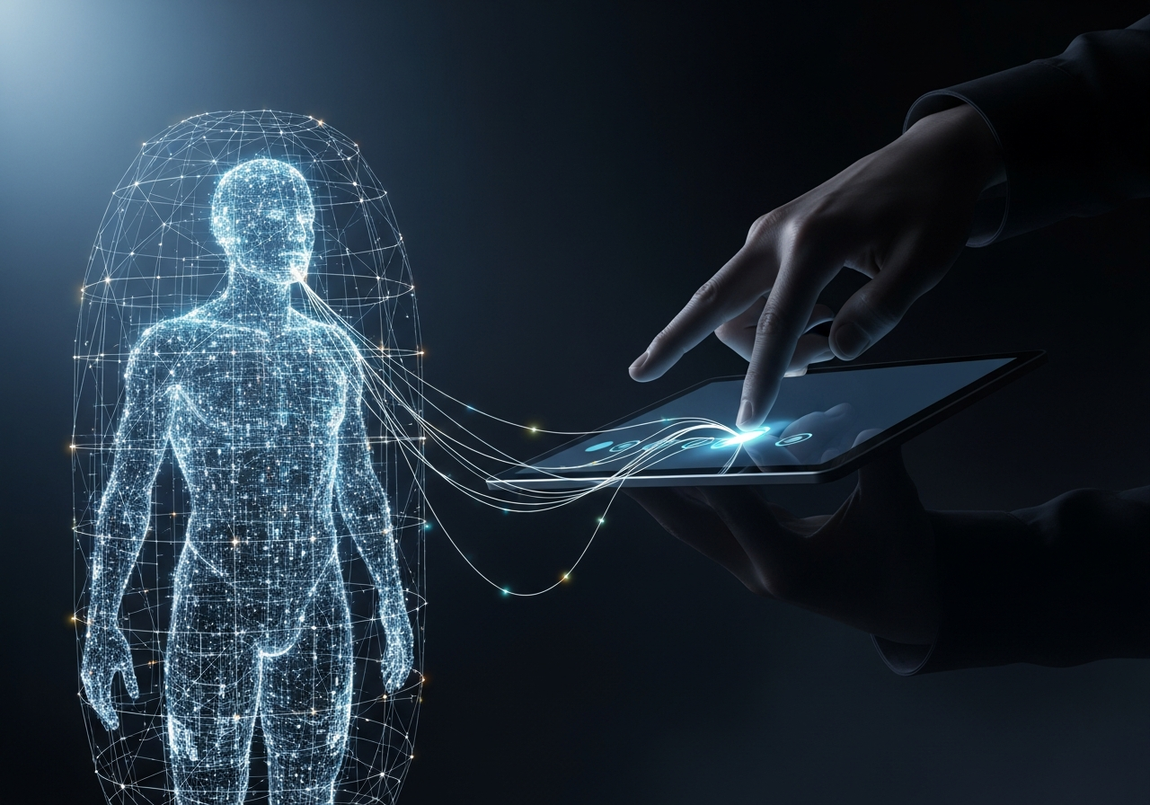 A surrealist painting depicting a human figure made of glowing data points, connected by thin lines to a shadowy, giant hand holding a digital tablet. The human figure is enclosed within a transparent, geometric cage, while the giant hand is manipulating controls on the tablet, subtly implying external direction and surveillance.