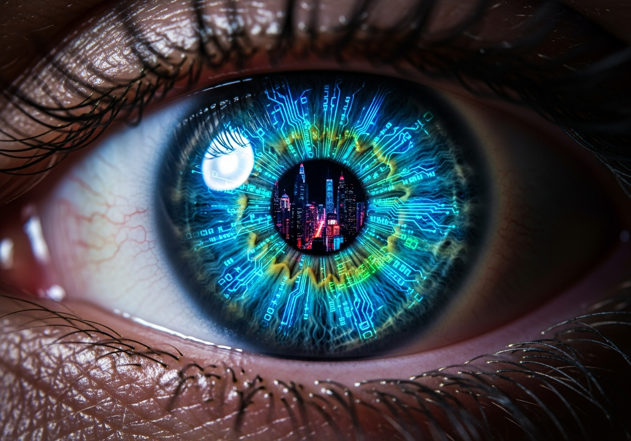 A close-up, slightly distorted image of a human eye, reflecting a complex network of glowing circuits and data streams. The pupil is a tiny, distorted representation of a cityscape, emphasizing the idea of the individual being absorbed into a larger, digitally controlled system.
