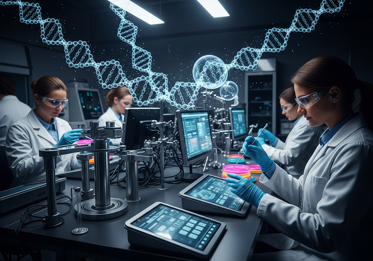 A dimly lit, futuristic laboratory with scientists in sterile white coats examining glowing petri dishes and complex holographic projections of human DNA structures. The overall atmosphere is one of intense focus and cutting-edge, slightly eerie research.