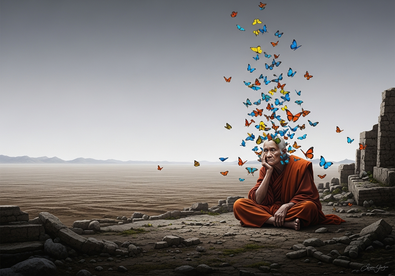 A surreal painting depicting a vast, desolate landscape. In the foreground, a single, ancient figure sits alone amidst ruins, looking utterly bored and indifferent, while a flurry of vibrant, short-lived butterflies flit past him, unnoticed. The sky is a muted, endless grey.