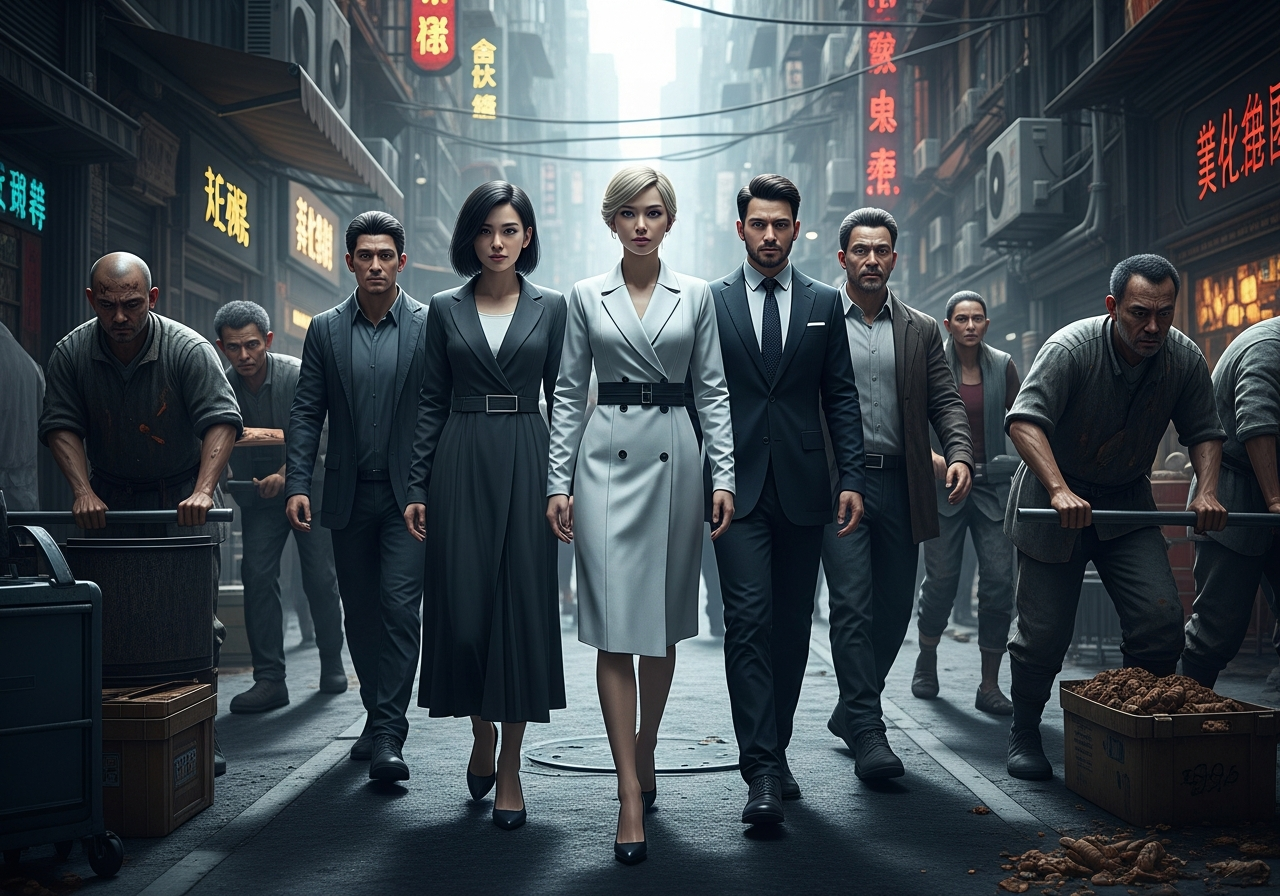 A bustling city street in a dystopian future. The foreground features elegantly dressed, youthful-looking individuals with an aura of detached superiority. In the background, older, weary-looking people struggle with mundane tasks, their faces etched with hardship, highlighting a stark social divide.