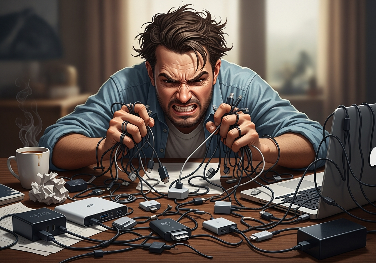 A frustrated man with disheveled hair, sitting at a desk cluttered with various dongles and adapters, looking desperately at a sleek, portless laptop. Wires are tangled around his head like a crown of thorns.