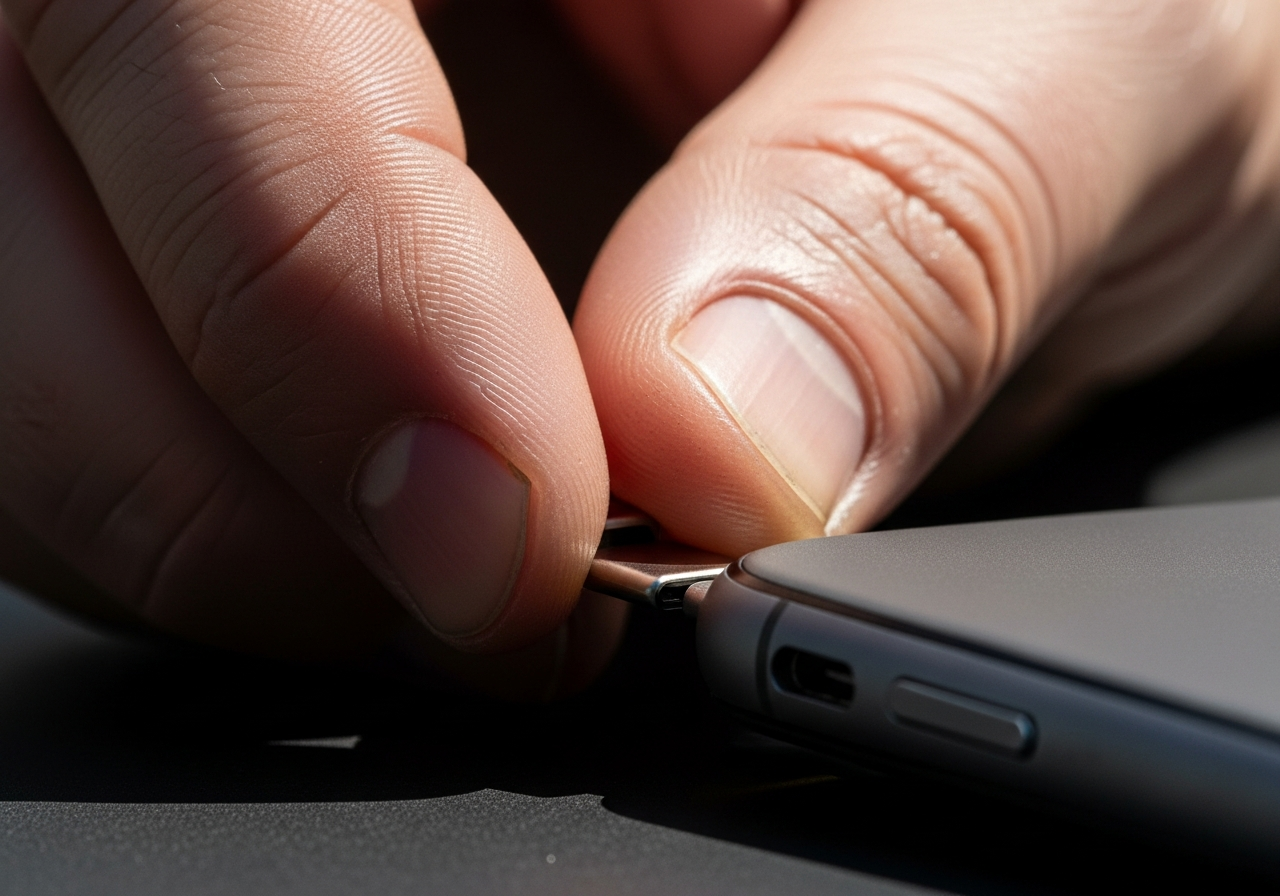 A close-up of a hand struggling to plug a tiny USB-C dongle into an equally tiny, almost invisible port on a sleek, featureless device. The hand looks oversized and clumsy in comparison to the minimalist tech.
