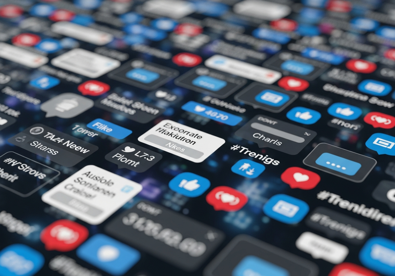 A blurry, chaotic collage of various news headlines, social media notifications, and trending topics, overlapping each other to create a sense of overwhelming visual noise.