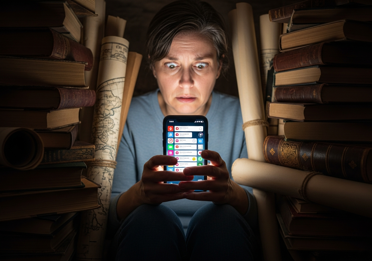 A person sitting amidst a pile of old books and maps, looking bewildered at a smartphone that's glowing with urgent, distracting notifications.