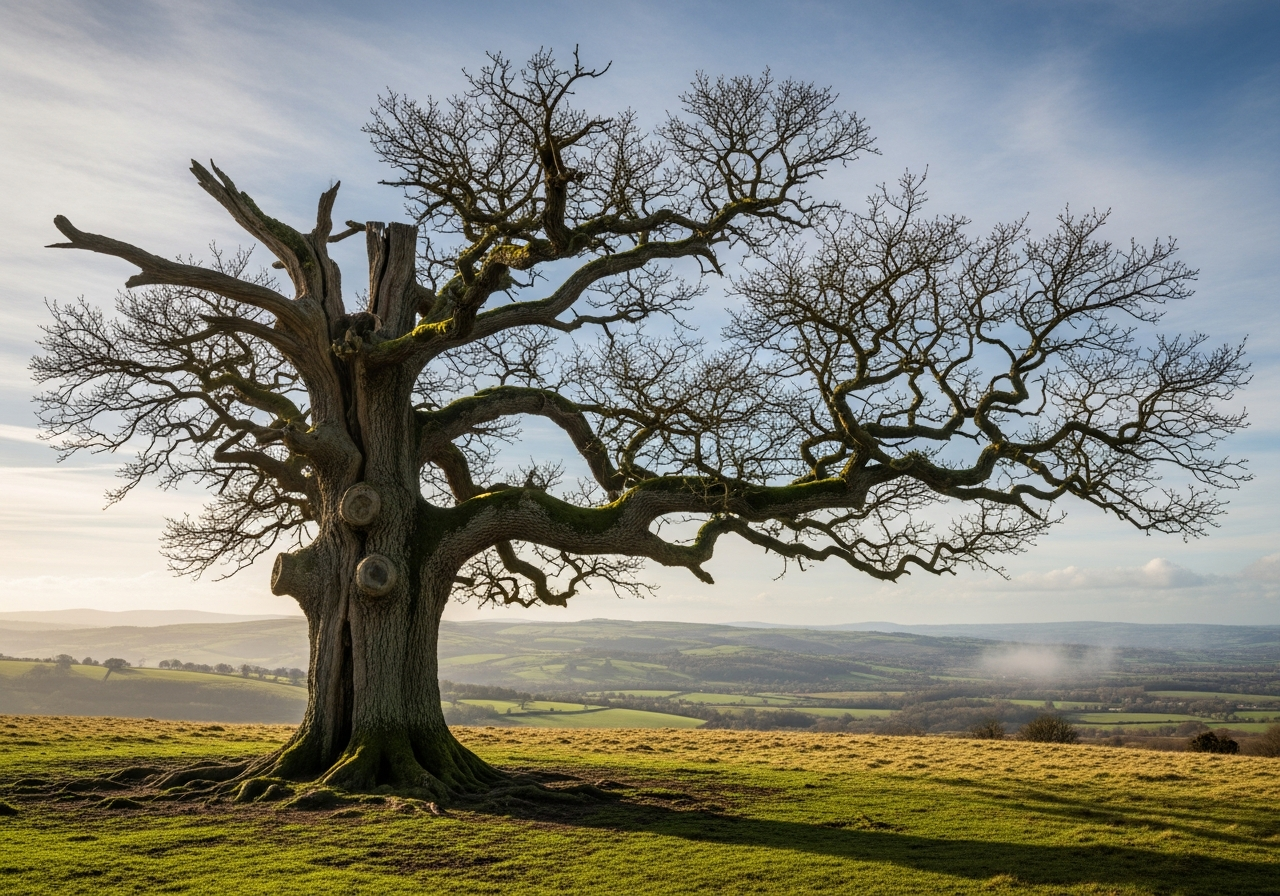 A serene image of an old, gnarled tree standing alone on a hill, with a vast, open landscape stretching out behind it, symbolizing timelessness and perspective.