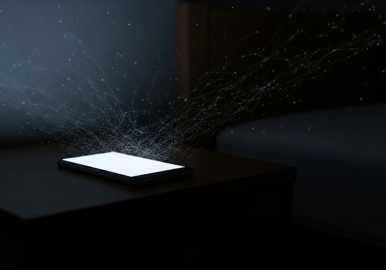 A smartphone, dimly lit, on a nightstand. From the phone's screen, subtle, almost invisible lines extend into the dark room, hinting at unseen data collection, like a spider's web of information.