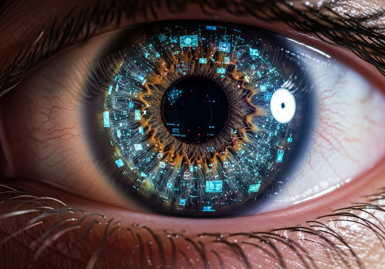 A person's eye, highly magnified, reflecting multiple tiny screens and data points, suggesting constant observation and the overwhelming presence of invisible technology.