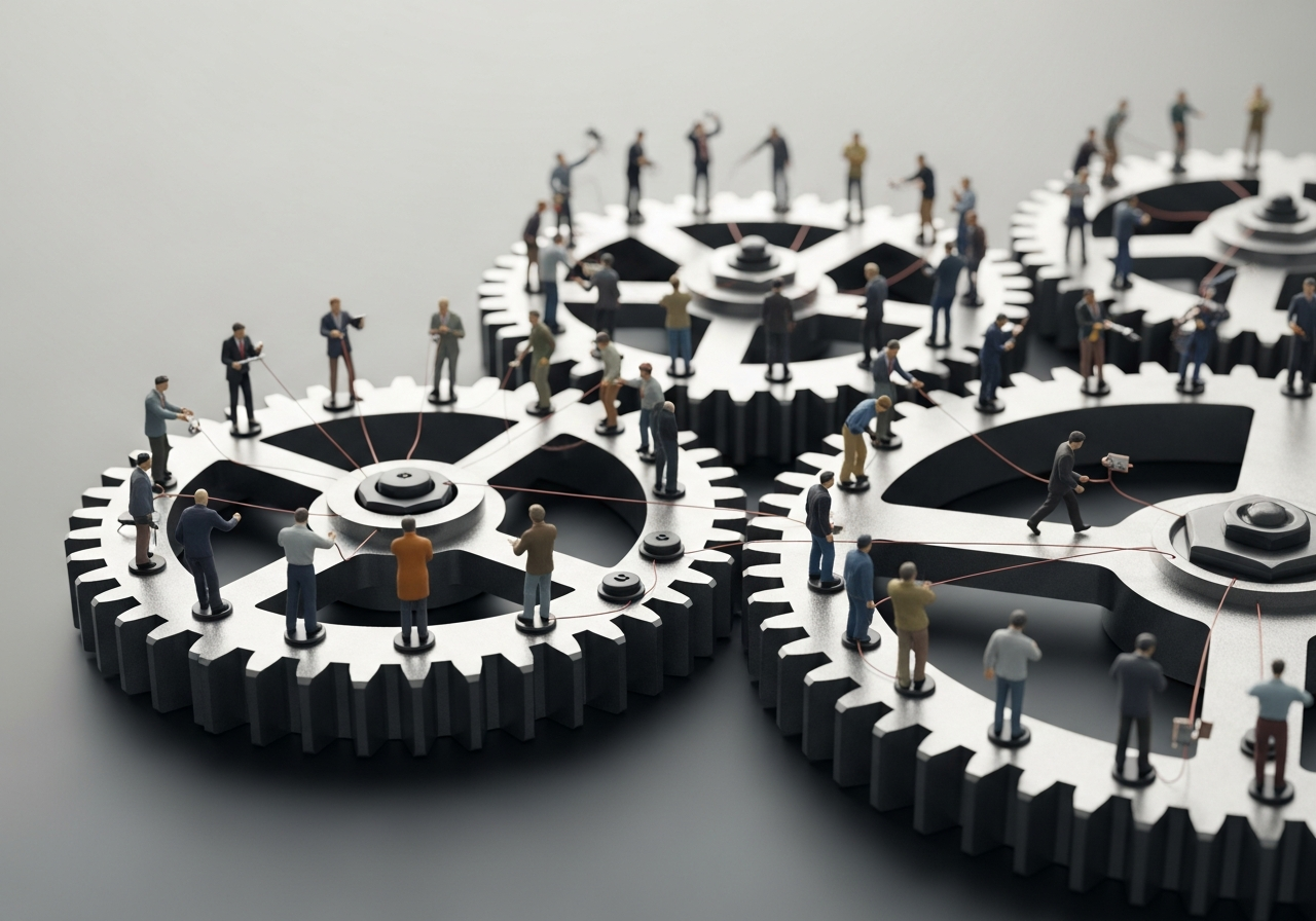 A minimalist diagram showing interlocking gears, but instead of mechanical teeth, they have small human figures pulling levers or pressing buttons on each other, symbolizing the invisible influence and control within a complex system.