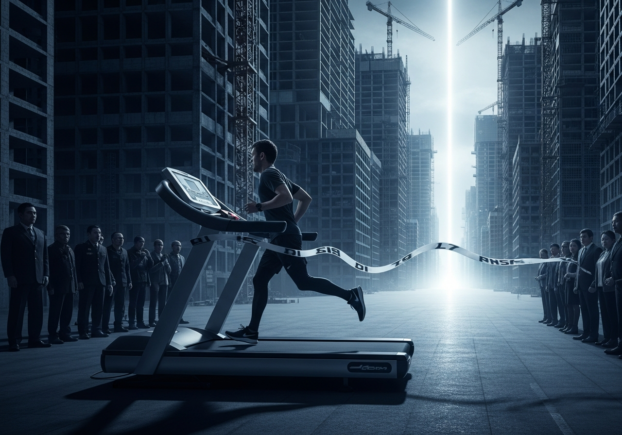 A surreal painting depicting a person perpetually running on a treadmill, with the finish line always receding into the distance, surrounded by towering, unfinished projects and a crowd of silent, judgmental figures.